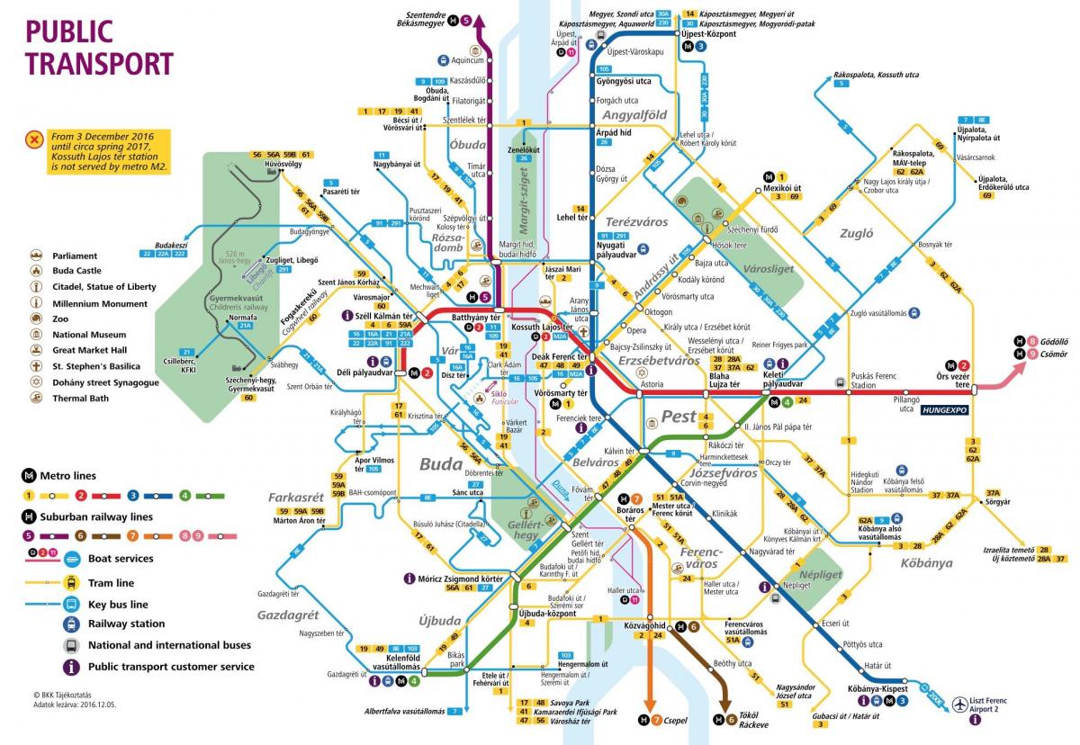 kaart van het openbaar vervoer in boedapest